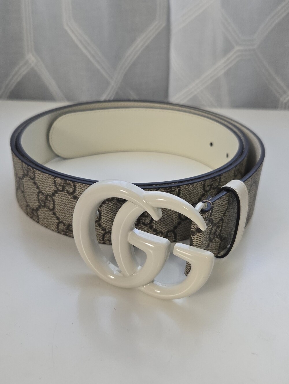 Gucci Beige GG Monogram Canvas Belt with White Double G Buckle
